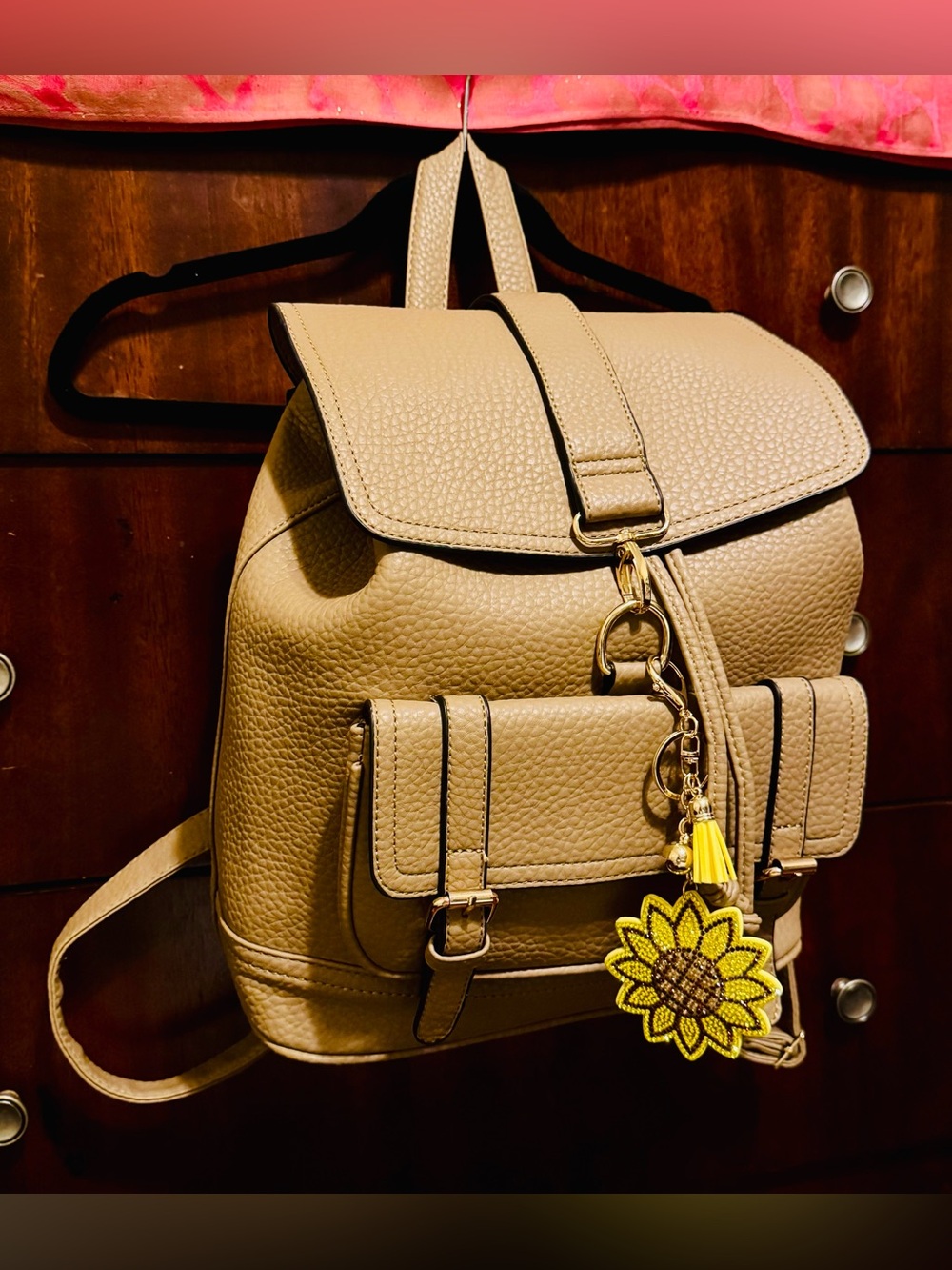 Savvy NY Vegan Leather Drawstring Backpack w/ Front Pockets Sunflower Charm